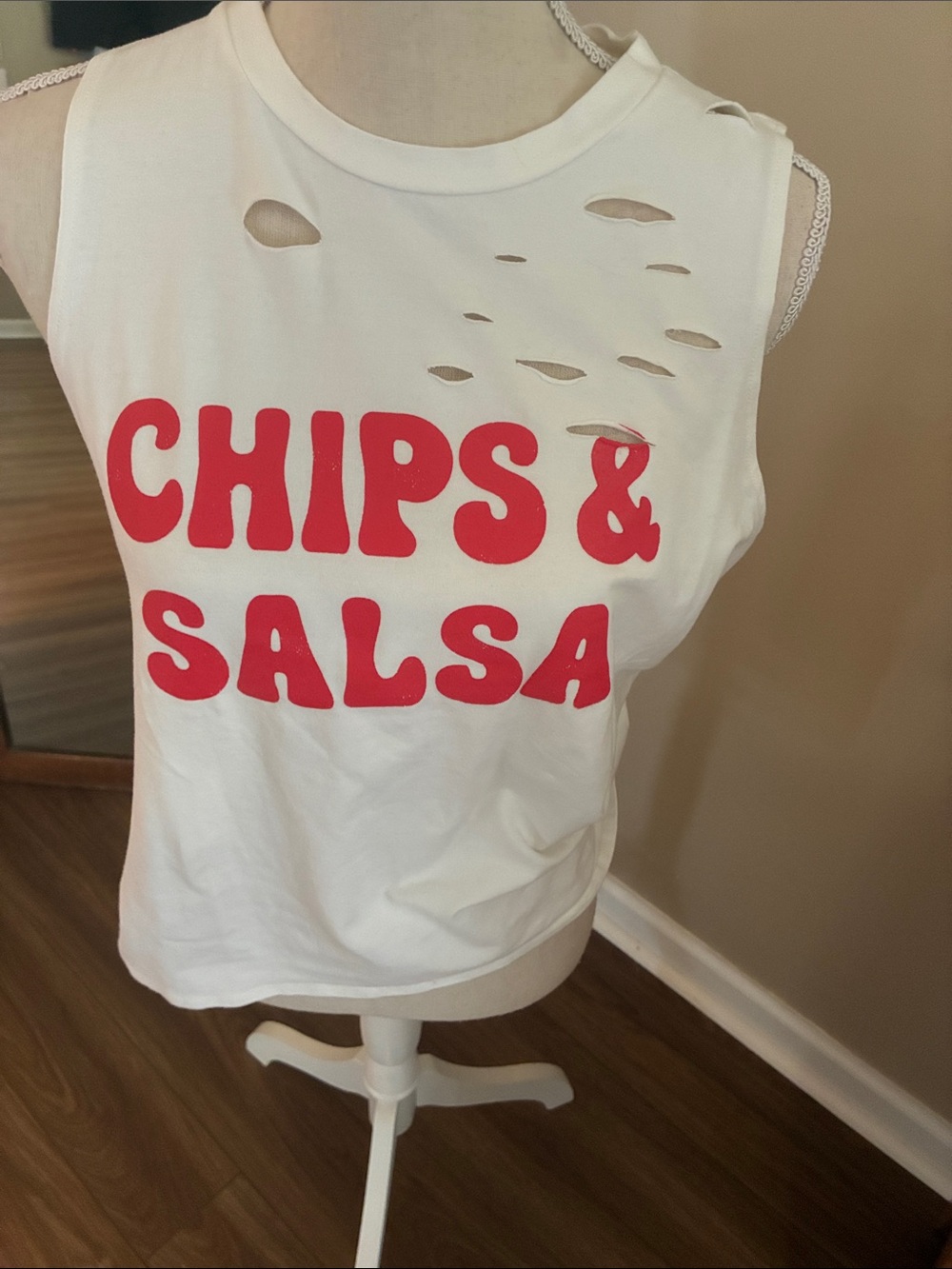 White Sleeveless 'Chips & Salsa' Graphic Tank with Distressed Detail